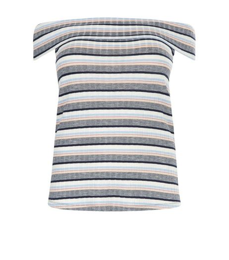 Curves Blue Ribbed Stripe Bardot Neck Top | New Look