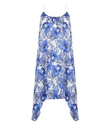 Blue Sheer Floral Print Hanky Hem Dress | New Look