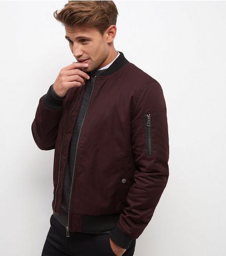 Burgundy Zip Sleeve Bomber Jacket | New Look