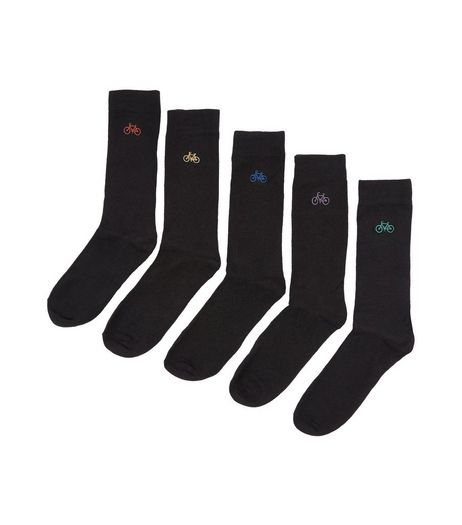5 Pack Black Bicycle Embroidered Socks | New Look