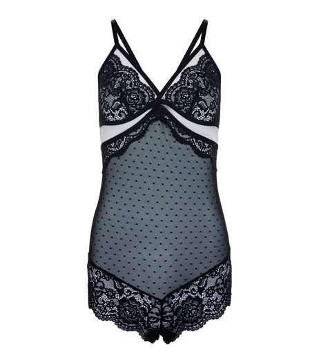 Black Contrast Lace Mesh Bodysuit | New Look