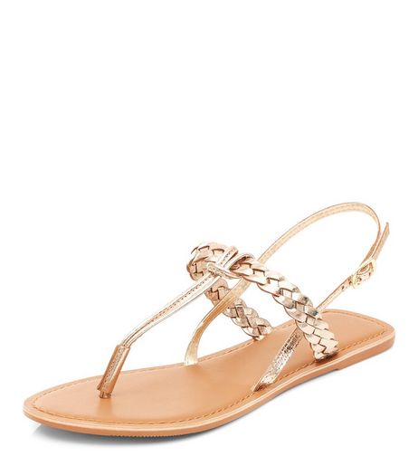 Gold Leather Plaited Sandals | New Look