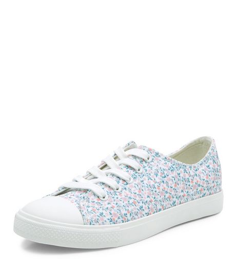 White Floral Print Lace Up Plimsolls | New Look