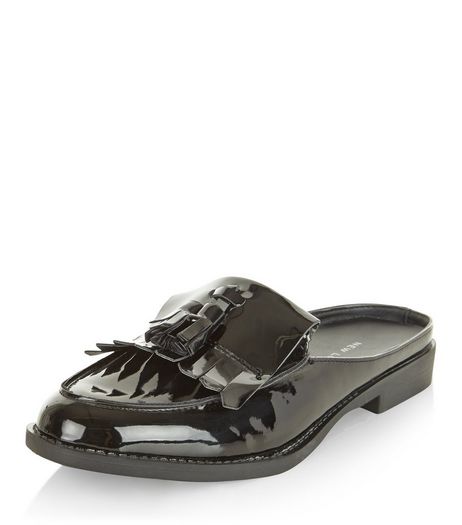 Black Patent Tassel Front Mules | New Look