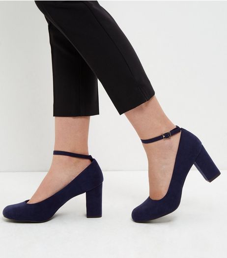 Wide Fit Navy Comfort Ankle Strap Block Heels | New Look