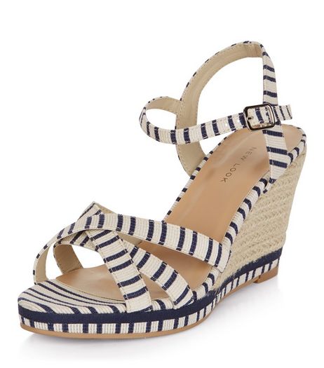 Blue Stripe Cross Strap Wedge Sandals | New Look