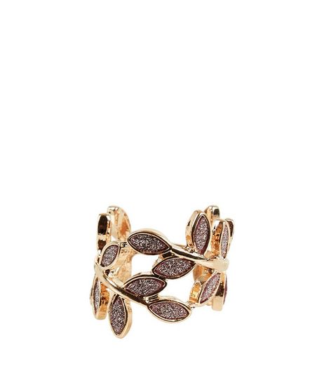 Mid Pink Sparkle Leaf Ring | New Look