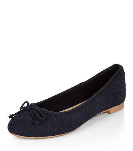 Navy Broderie Ballet Pumps | New Look