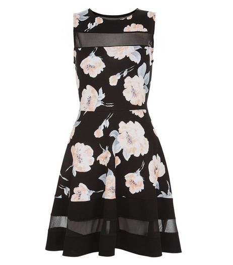 Cameo Rose Black Floral Print Mesh Panel Skater Dress | New Look
