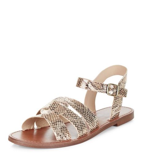 Gold Snakeskin Print Leather-Look Woven Strap Sandals | New Look