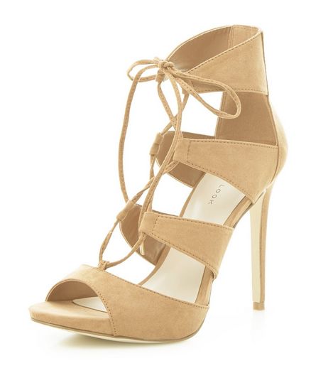 Stone Suedette Ghillie Heeled Sandals | New Look