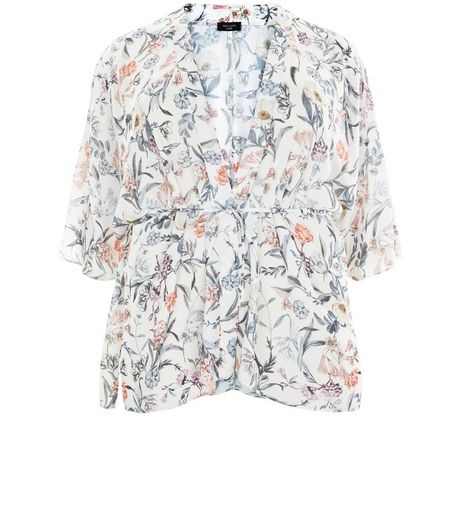 Curves White Floral Print Belted Kimono | New Look