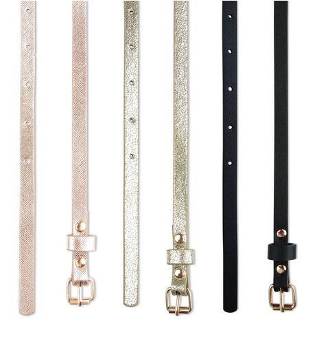 3 Pack Pink Gold and Black Metallic Skinny Belts | New Look