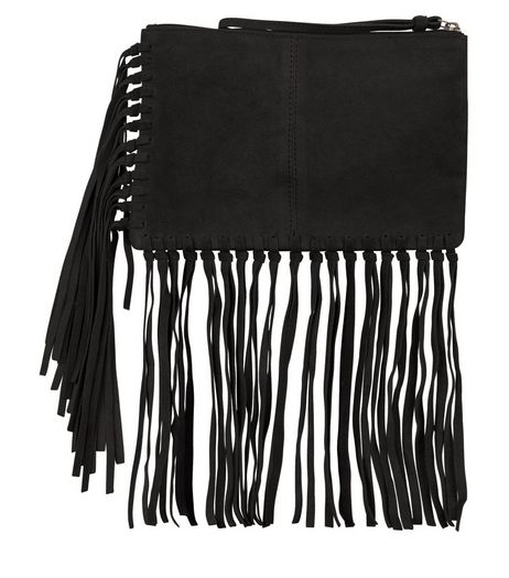 Black Suede Fringe Trim Clutch | New Look