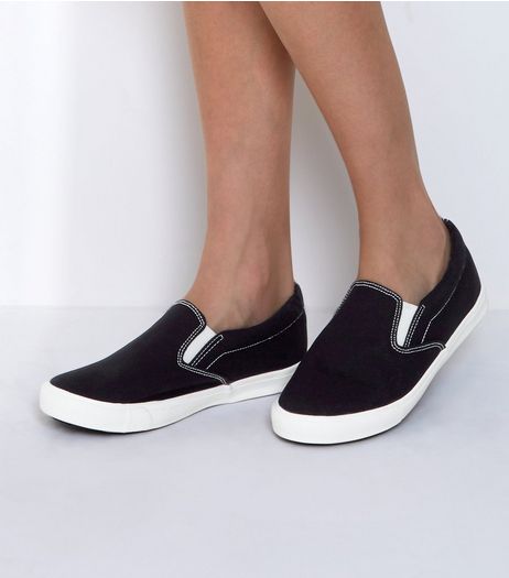 Wide Fit Black Canvas Slip On Plimsolls | New Look