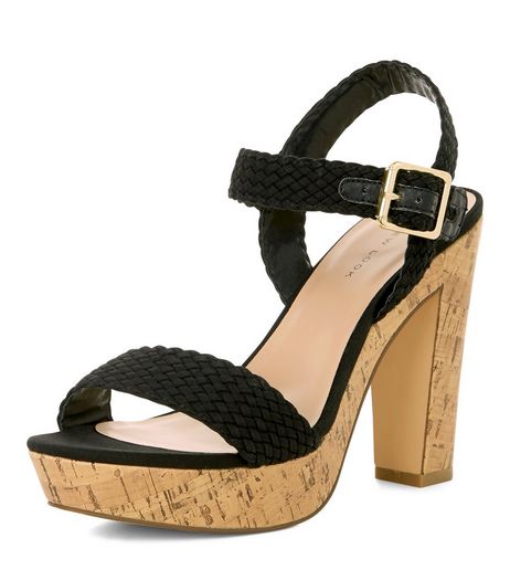 Black Plaited Ankle Strap Contrast Heeled Sandals | New Look