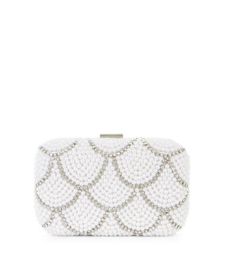 Cream Scallop Pearl Embellished Box Clutch | New Look