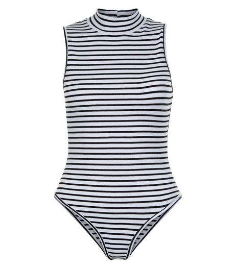 Blue Ribbed Stripe Funnel Neck Sleeveless Bodysuit | New Look