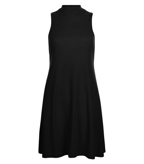 Black Ribbed Funnel Neck Swing Dress | New Look