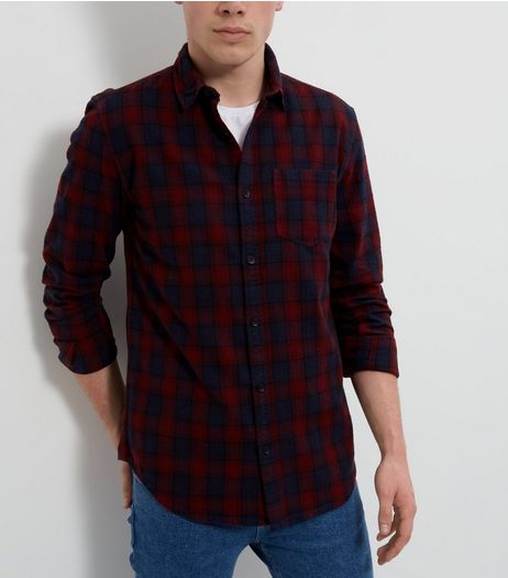 Navy Check Single Pocket Long Sleeve Shirt | New Look