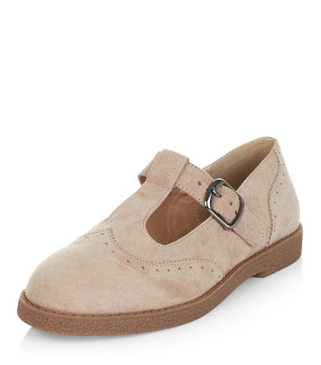 Light Brown Suedette T-Bar Strap Brogues | New Look