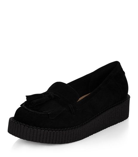 Black Tassel Front Creeper Loafers | New Look