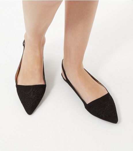 Black Embroidered Rose Pointed Sling Back Pumps | New Look
