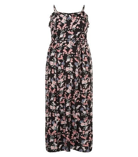 Curves Black Floral Print Frill Maxi Dress | New Look