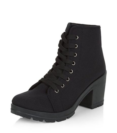Black Canvas Lace Up Block Heel Boots | New Look