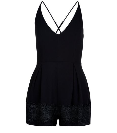 Black Crochet Trim V Neck Playsuit | New Look