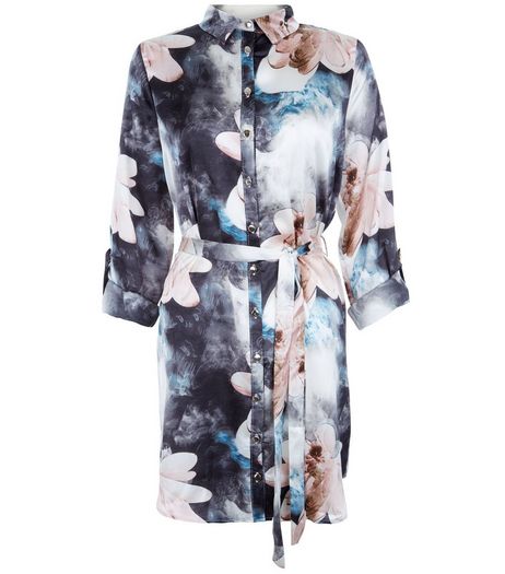 Parisian Blue Floral Print Satin Shirt Dress | New Look