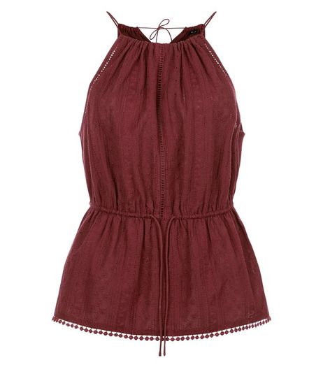 Burgundy Pom Pom Trim Peplum Vest | New Look