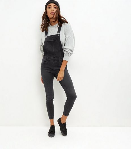 Black Cotton Mix Skinny Leg Dungarees | New Look