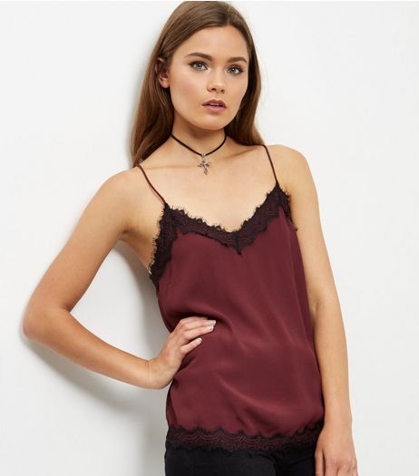 Burgundy Lace Trim Cami | New Look