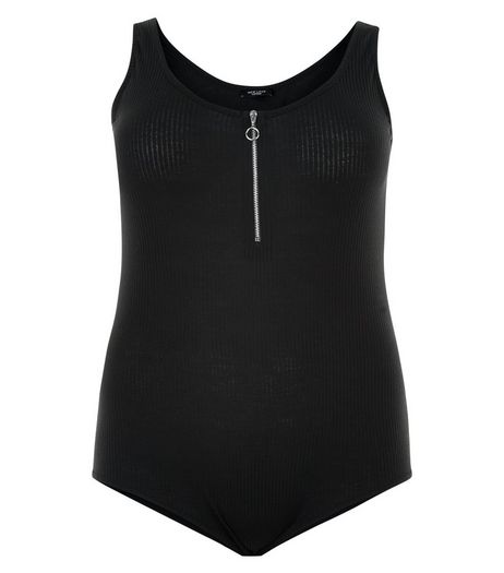Curves Black Ribbed Zip Front Bodysuit | New Look