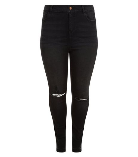 Curves Black Ripped Knee Washed Skinny Jeans | New Look