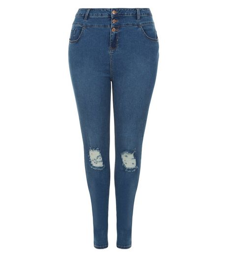 Curves Blue Ripped Knee High Waisted Jeans | New Look