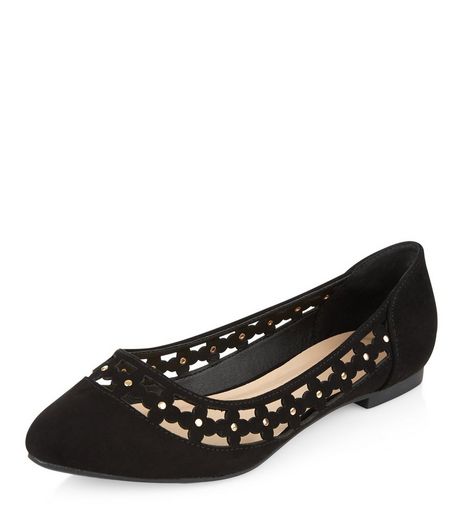 Wide Fit Black Suedette Floral Laser Cut Out Pumps | New Look