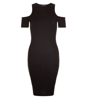 Black Ribbed Cold Shoulder Bodycon Mini Dress  | New Look