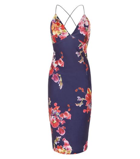 AX Paris Navy Floral Print Plunge Midi Dress | New Look