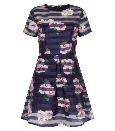 AX Paris Navy Floral Stripe Print Skater Dress | New Look
