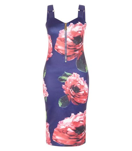 AX Paris Navy Floral Print Zip Front Dress | New Look