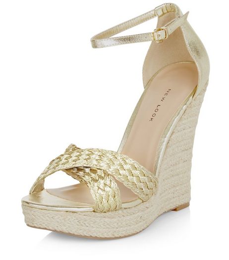 Wide Fit Gold Metallic Plaited Cross Strap Wedges | New Look
