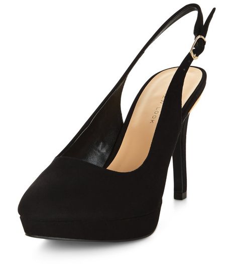 Wide Fit Black Suedette Sling Back Heels | New Look