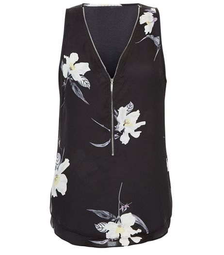 Apricot Black Floral Print Zip Front Top | New Look