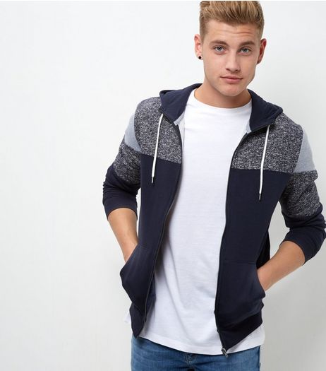 Navy Colour Block Zip Up Hoodie | New Look
