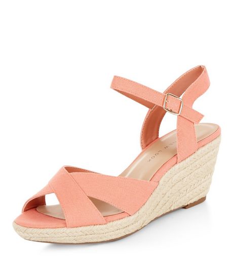 Teens Coral Canvas Cross Strap Wedges | New Look