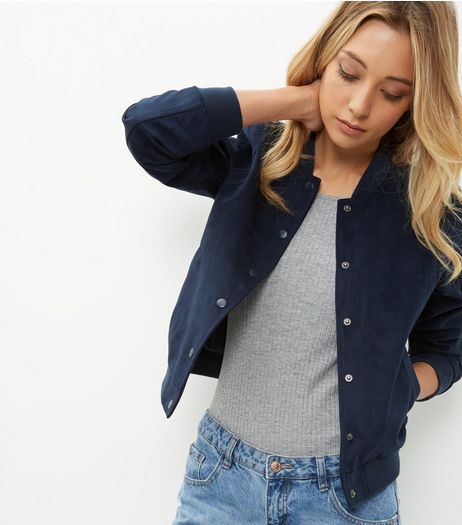 Navy Suedette Bomber Jacket | New Look