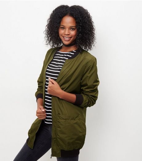 JDY Olive Green Longline Bomber Jacket | New Look