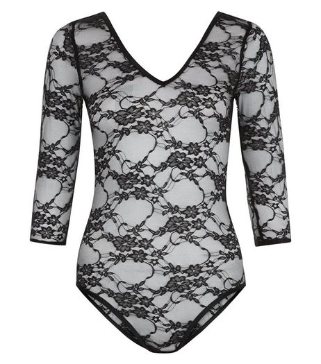 Petite Black Lace 1/2 Sleeve Bodysuit | New Look